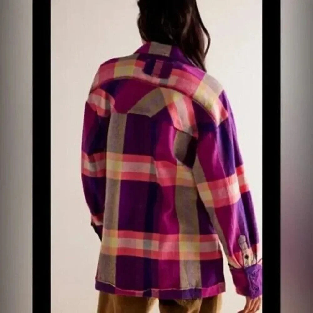 Free People So Long Summer Plaid Flannel Button Down Size Small Pink Purple‎ NEW
